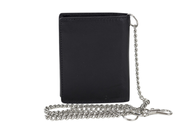 EAS Biker Mini Geldbörse mit Riegel und Kette extra dünn im Hochformat, flaches Portemonnaie mit RFID Schutz Folie mit Geschenk Box Echt-Leder, schwarz